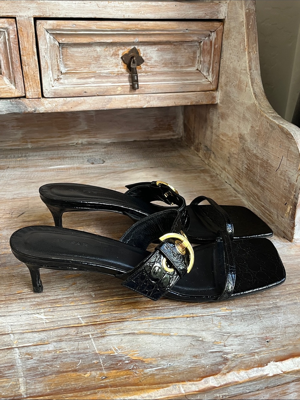 🖤 BY FAR Bettina Mules Sandals Kitten Heel Size 41 Black Croc Embossed Leather